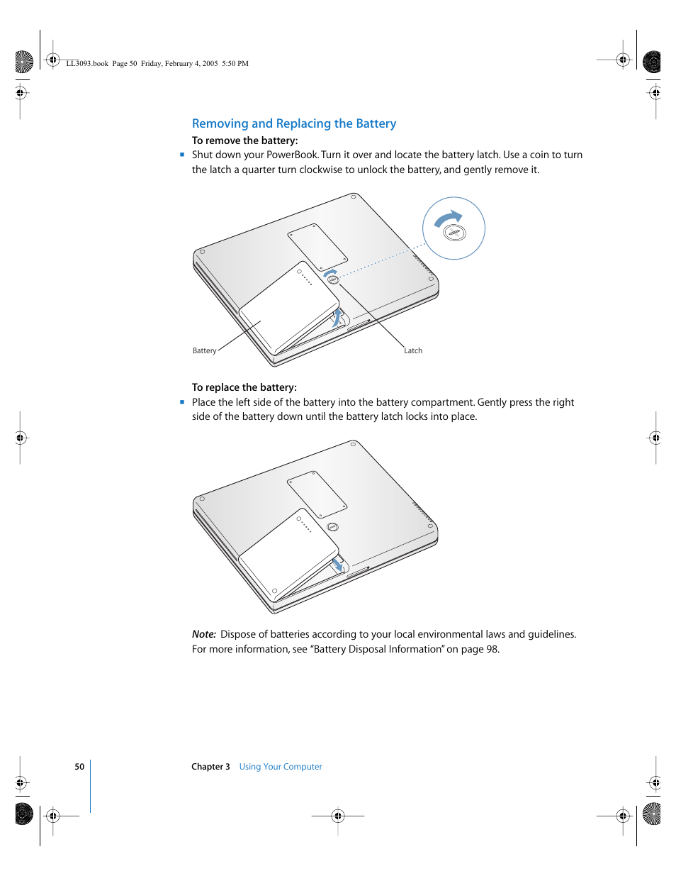 Removing and replacing the battery | Apple PowerBook G4 (12-inch, 1.5 GHz) User Manual | Page 50 / 112