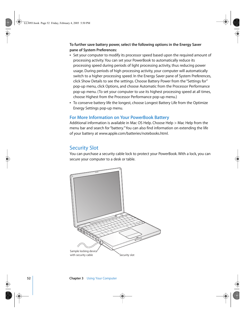 Security slot, For more information on your powerbook battery | Apple PowerBook G4 (12-inch, 1.5 GHz) User Manual | Page 52 / 112