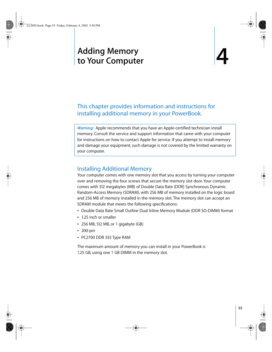 Adding memory to your computer, Installing additional memory, Chapter 4 | Apple PowerBook G4 (12-inch, 1.5 GHz) User Manual | Page 55 / 112