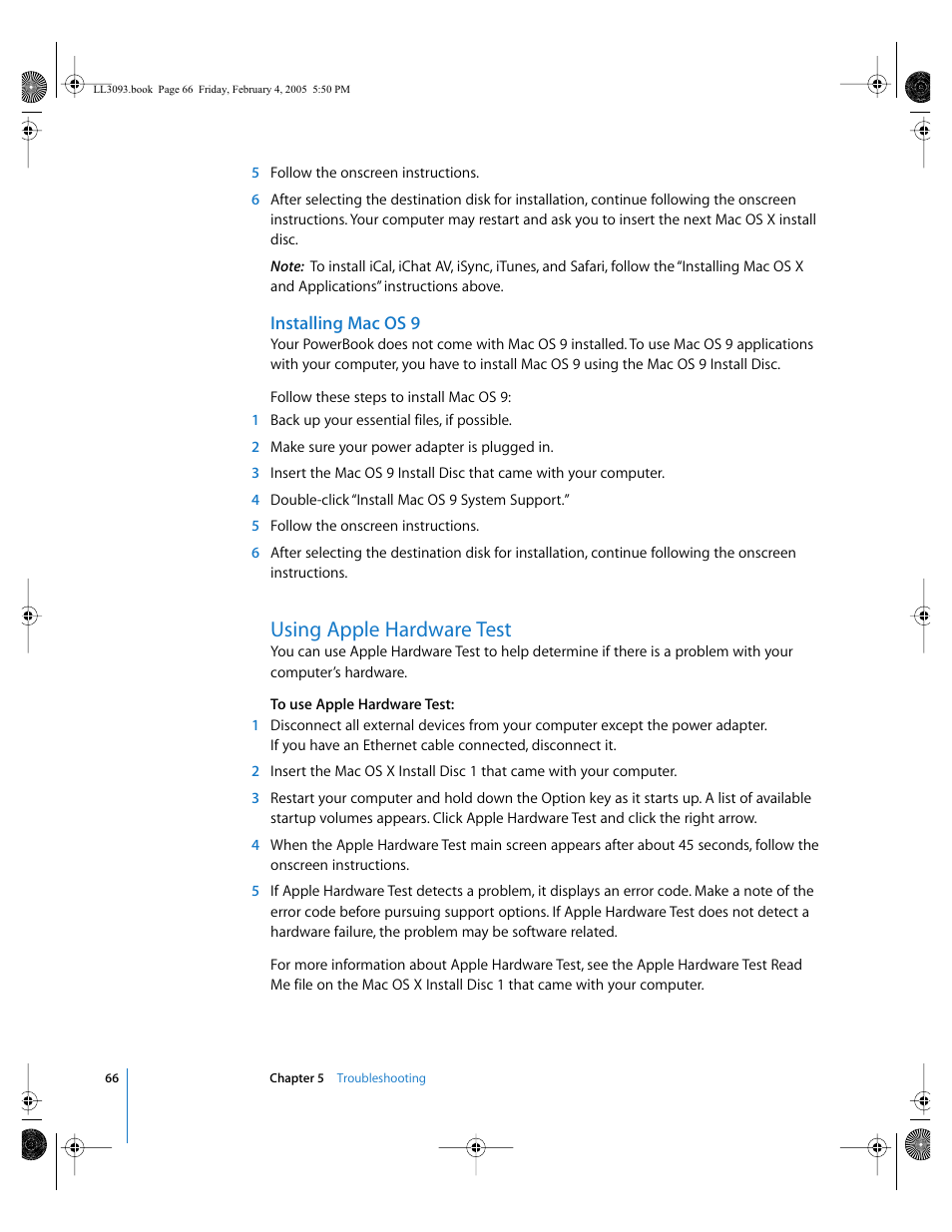 Using apple hardware test | Apple PowerBook G4 (12-inch, 1.5 GHz) User Manual | Page 66 / 112