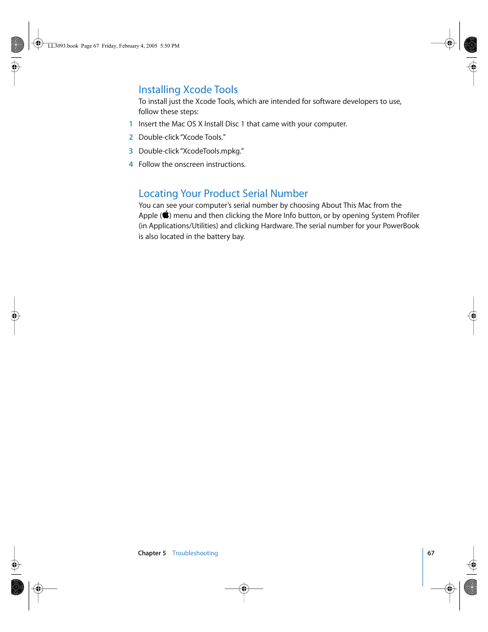 Installing xcode tools, Locating your product serial number | Apple PowerBook G4 (12-inch, 1.5 GHz) User Manual | Page 67 / 112