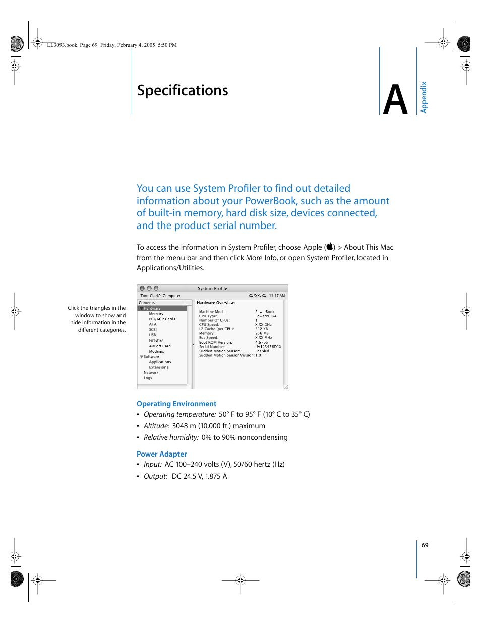 Specifications, Appendix a | Apple PowerBook G4 (12-inch, 1.5 GHz) User Manual | Page 69 / 112