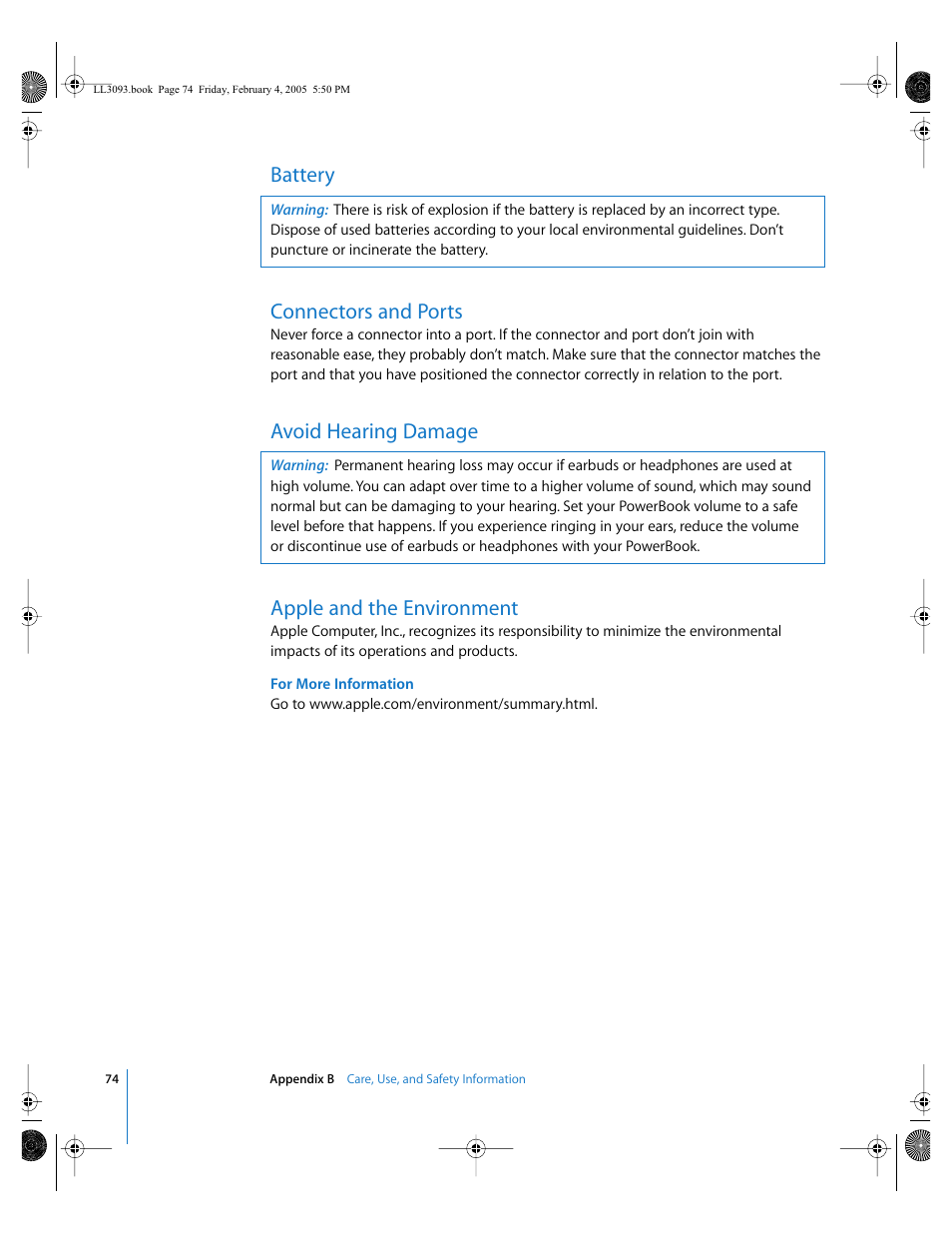 Battery, Connectors and ports, Avoid hearing damage | Apple and the environment, Battery connectors and ports, Avoid hearing damage apple and the environment | Apple PowerBook G4 (12-inch, 1.5 GHz) User Manual | Page 74 / 112