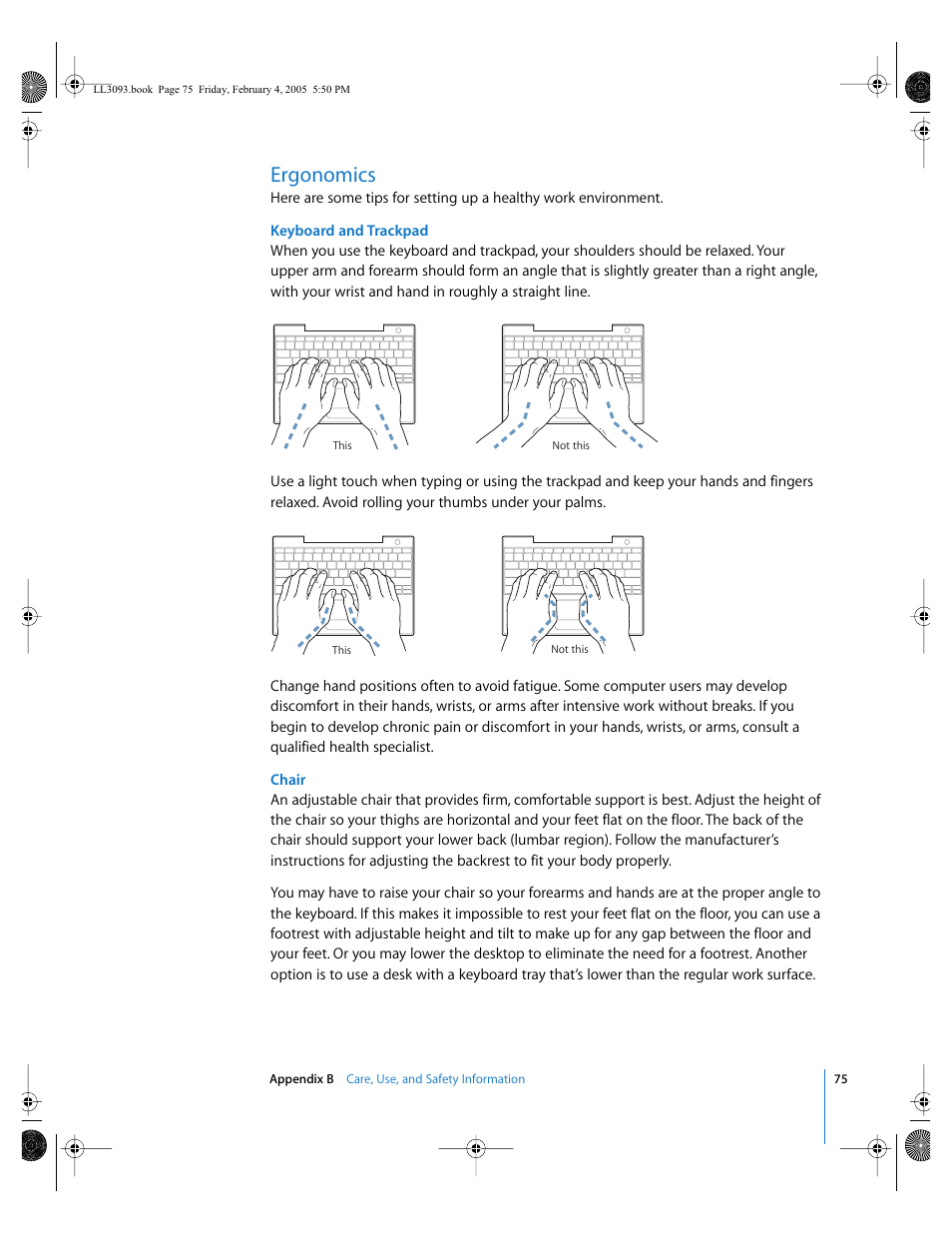 Ergonomics | Apple PowerBook G4 (12-inch, 1.5 GHz) User Manual | Page 75 / 112