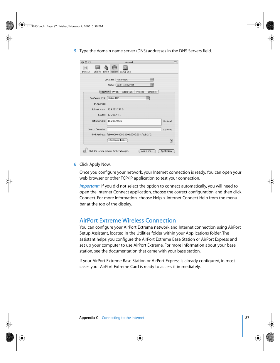 Airport extreme wireless connection | Apple PowerBook G4 (12-inch, 1.5 GHz) User Manual | Page 87 / 112