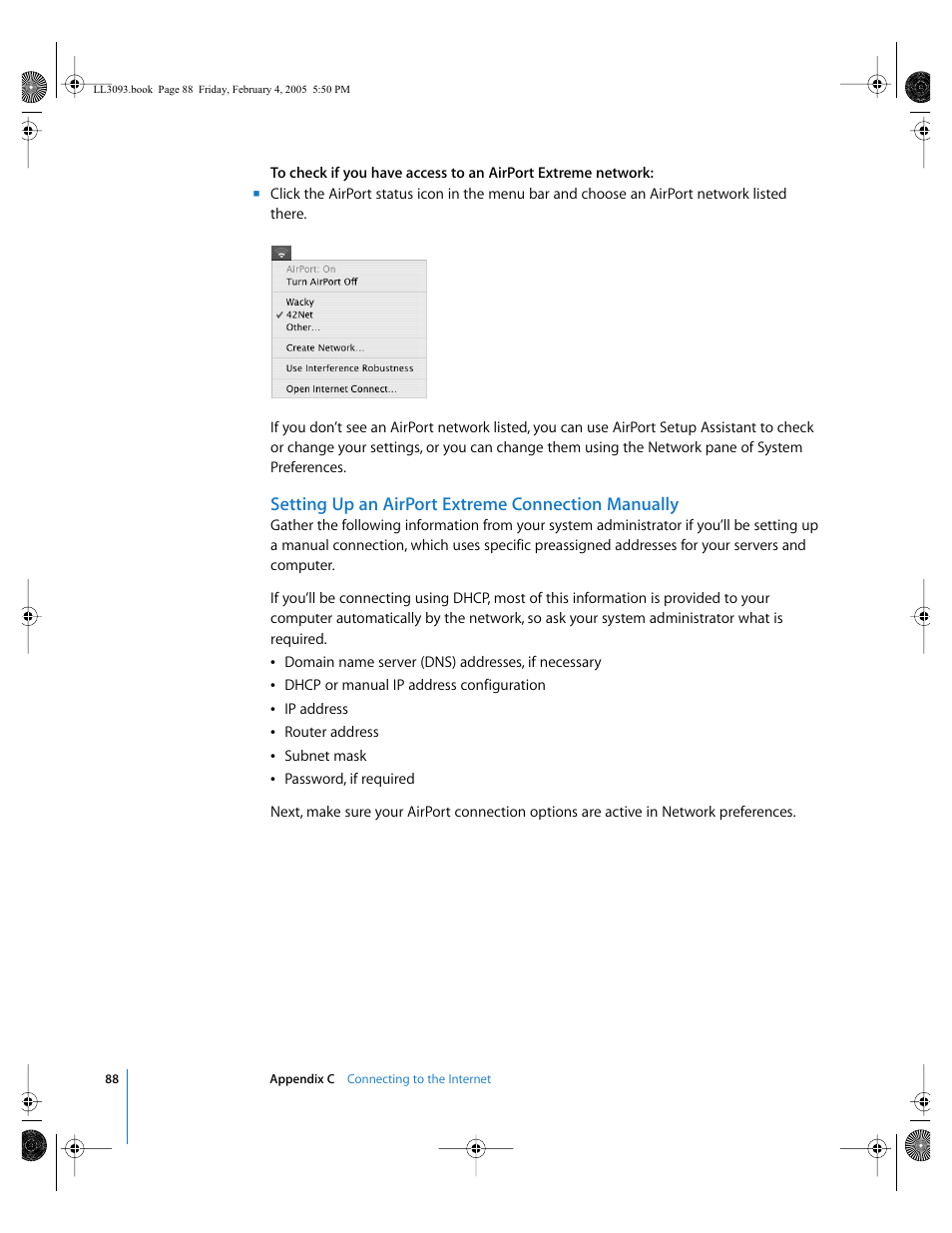 Setting up an airport extreme connection manually | Apple PowerBook G4 (12-inch, 1.5 GHz) User Manual | Page 88 / 112