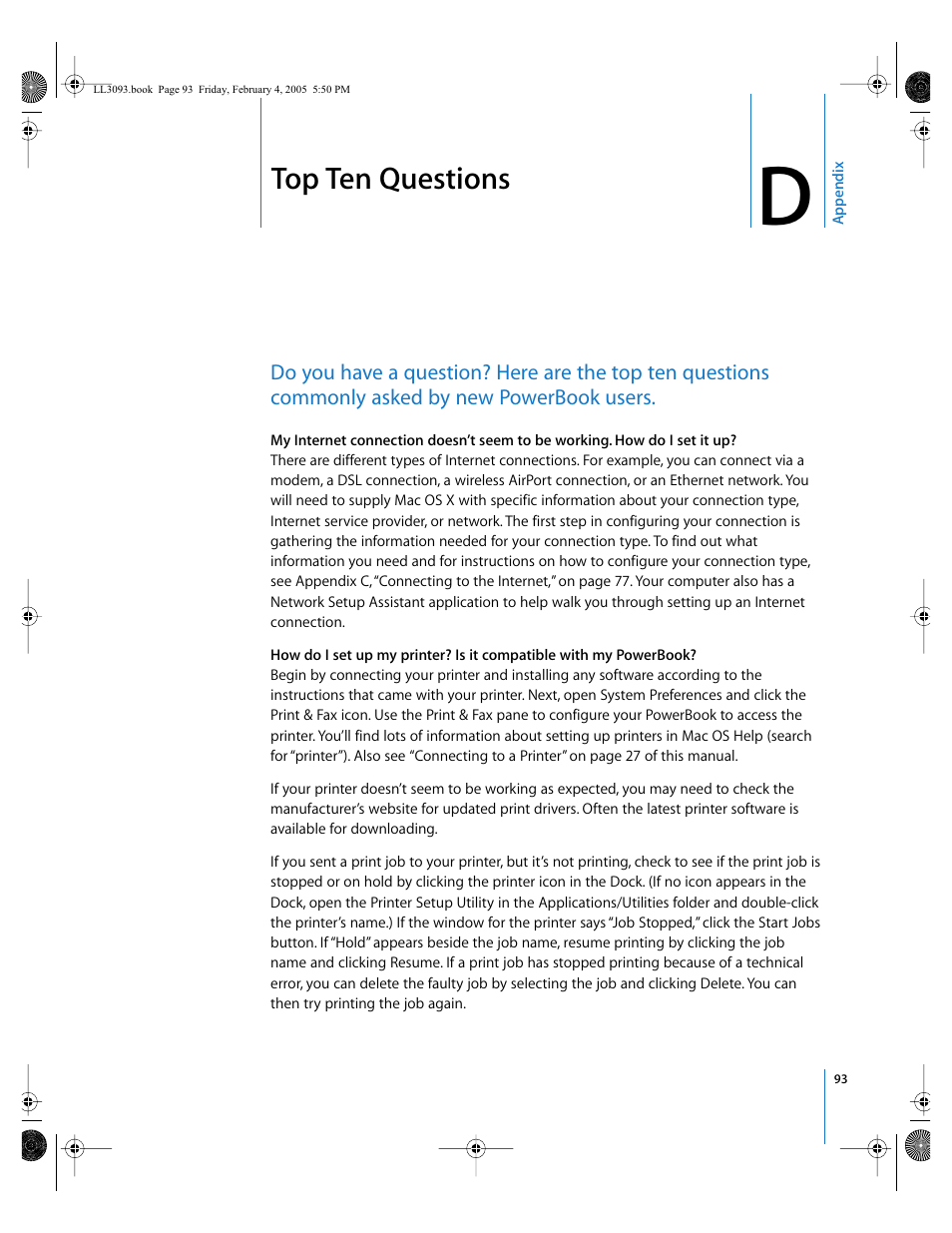 Top ten questions, Appendix d | Apple PowerBook G4 (12-inch, 1.5 GHz) User Manual | Page 93 / 112