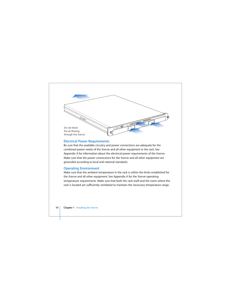 Electrical power requirements, Operating environment | Apple Xserve Intel (Late 2006) User Manual | Page 10 / 60