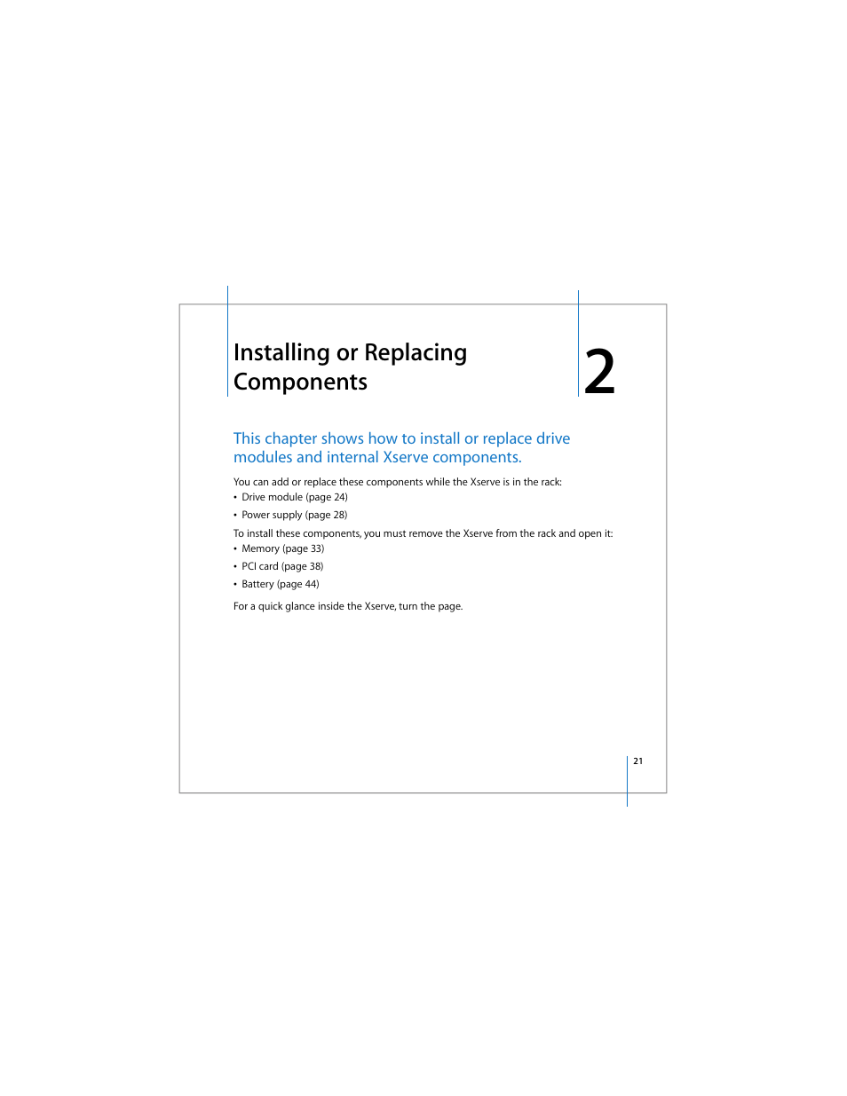 Installing or replacing components | Apple Xserve Intel (Late 2006) User Manual | Page 21 / 60
