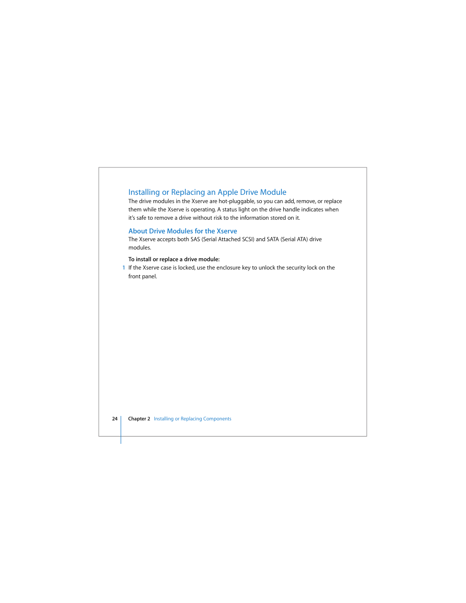 Installing or replacing an apple drive module, About drive modules for the xserve | Apple Xserve Intel (Late 2006) User Manual | Page 24 / 60