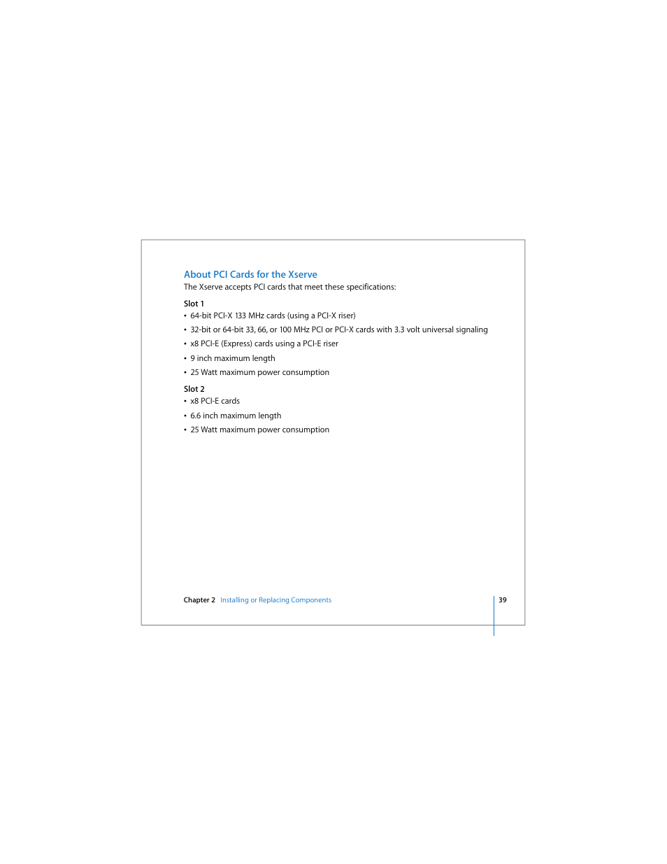 About pci cards for the xserve | Apple Xserve Intel (Late 2006) User Manual | Page 39 / 60