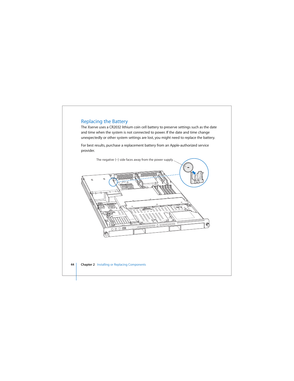 Replacing the battery | Apple Xserve Intel (Late 2006) User Manual | Page 44 / 60