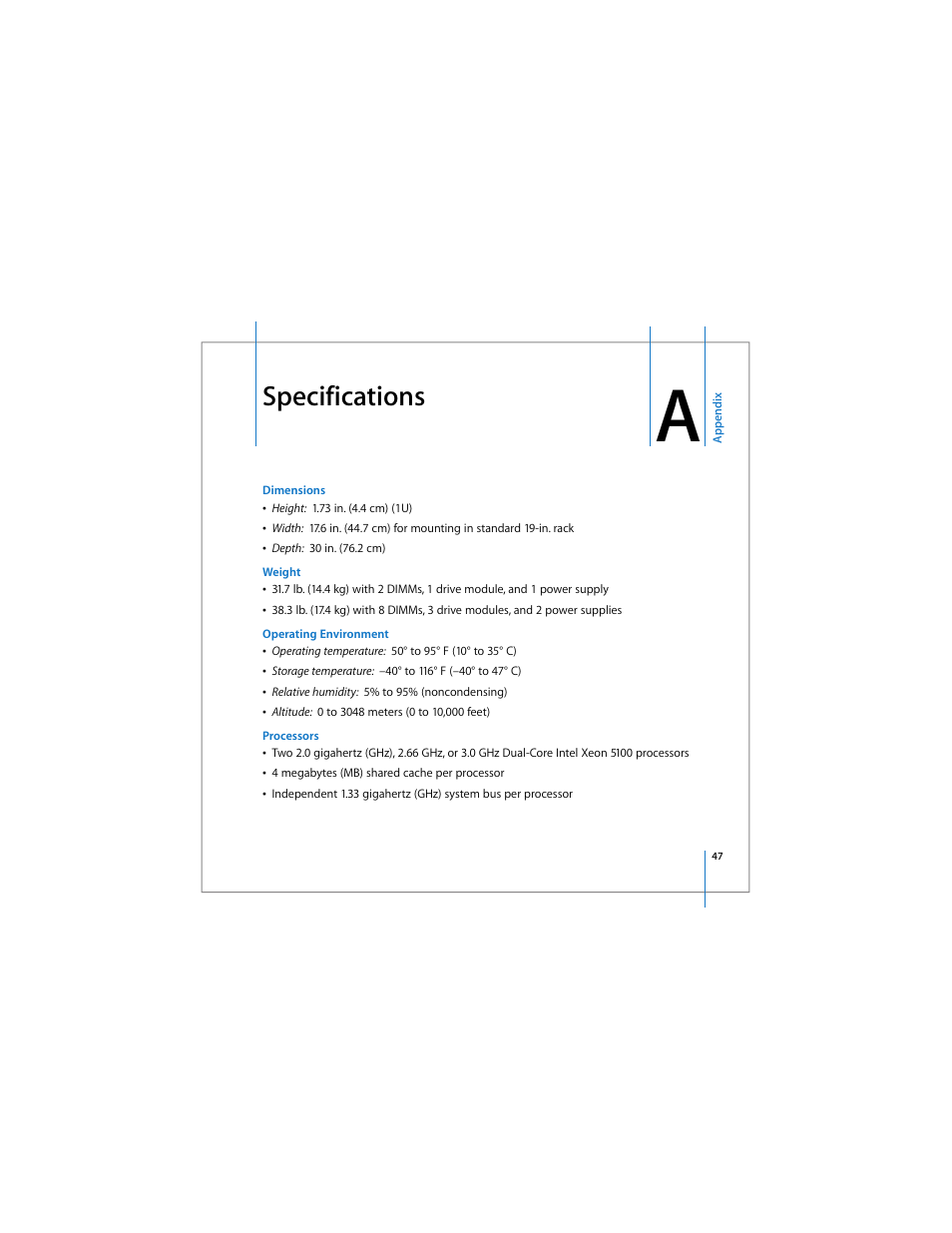 Specifications | Apple Xserve Intel (Late 2006) User Manual | Page 47 / 60