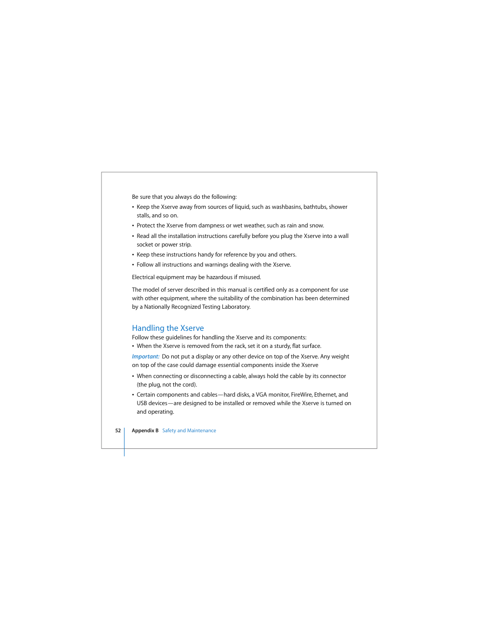Handling the xserve | Apple Xserve Intel (Late 2006) User Manual | Page 52 / 60