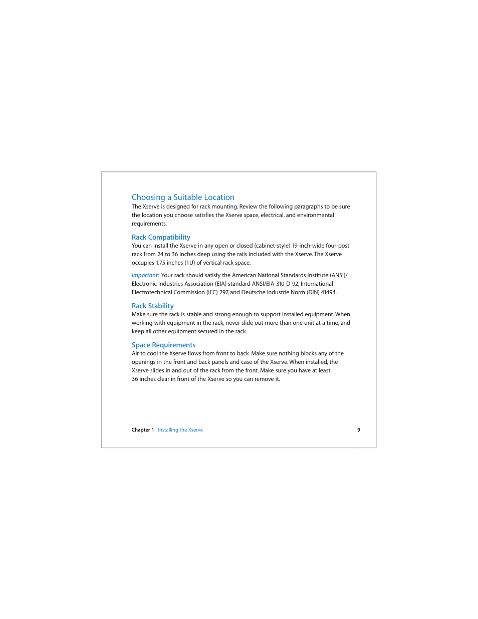 Choosing a suitable location, Rack compatibility, Rack stability | Space requirements | Apple Xserve Intel (Late 2006) User Manual | Page 9 / 60