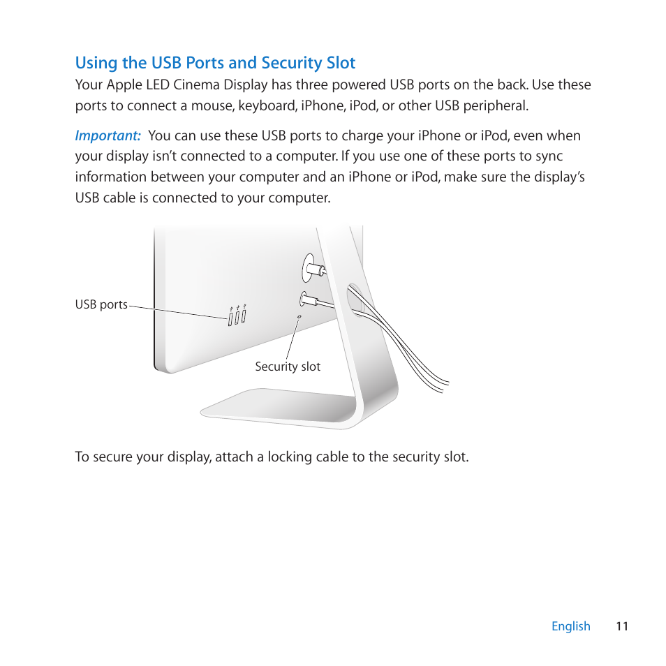 Using the usb ports and security slot | Apple LED Cinema Display (27-inch) User Manual | Page 11 / 64