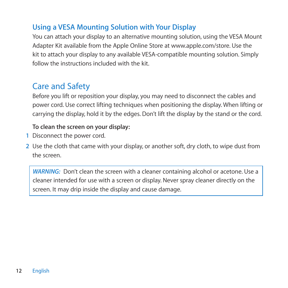 Care and safety, 12 care and safety, Care﻿and﻿safety | Using a vesa mounting solution with your display | Apple LED Cinema Display (27-inch) User Manual | Page 12 / 64