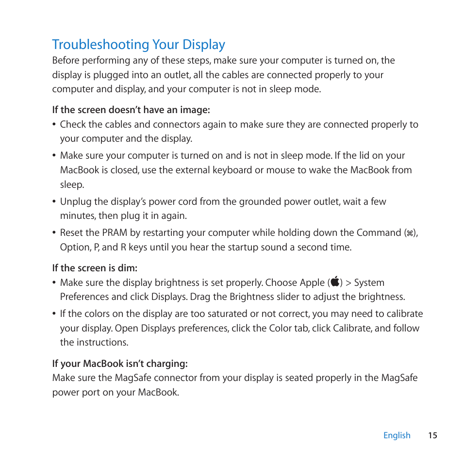 Troubleshooting your display, 15 troubleshooting your display, Troubleshooting﻿your﻿display | Apple LED Cinema Display (27-inch) User Manual | Page 15 / 64