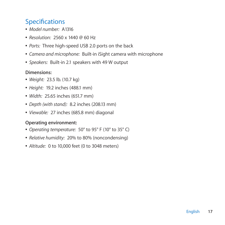 Specifications, 17 specifications | Apple LED Cinema Display (27-inch) User Manual | Page 17 / 64