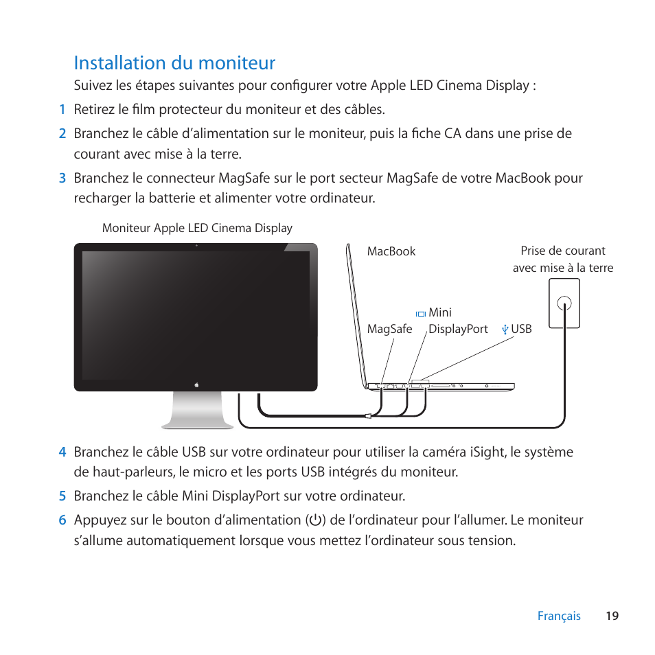 Installation du moniteur, 19 installation du moniteur, Installation﻿du﻿moniteur | Apple LED Cinema Display (27-inch) User Manual | Page 19 / 64
