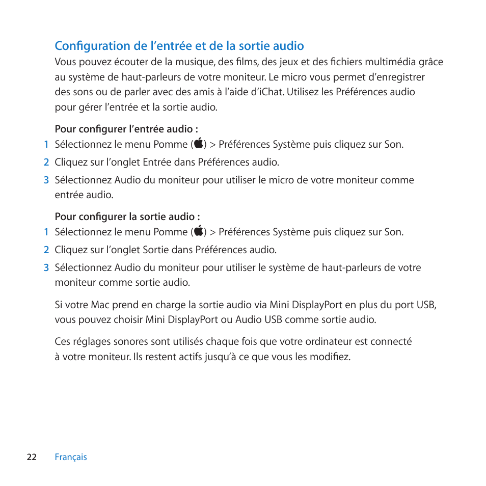 Configuration de l’entrée et de la sortie audio | Apple LED Cinema Display (27-inch) User Manual | Page 22 / 64
