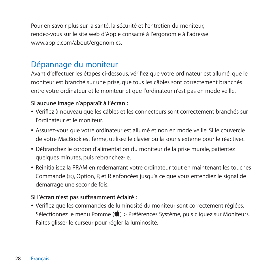 Dépannage du moniteur, 28 dépannage du moniteur, Dépannage﻿du﻿moniteur | Apple LED Cinema Display (27-inch) User Manual | Page 28 / 64