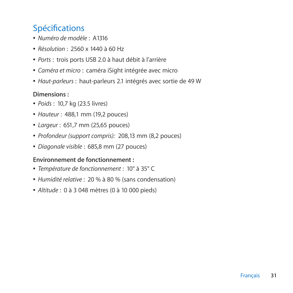 Spécifications, 31 spécifications | Apple LED Cinema Display (27-inch) User Manual | Page 31 / 64