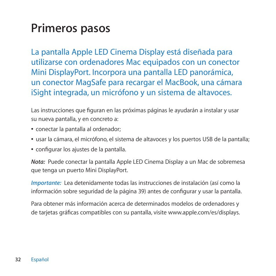 Primeros pasos | Apple LED Cinema Display (27-inch) User Manual | Page 32 / 64