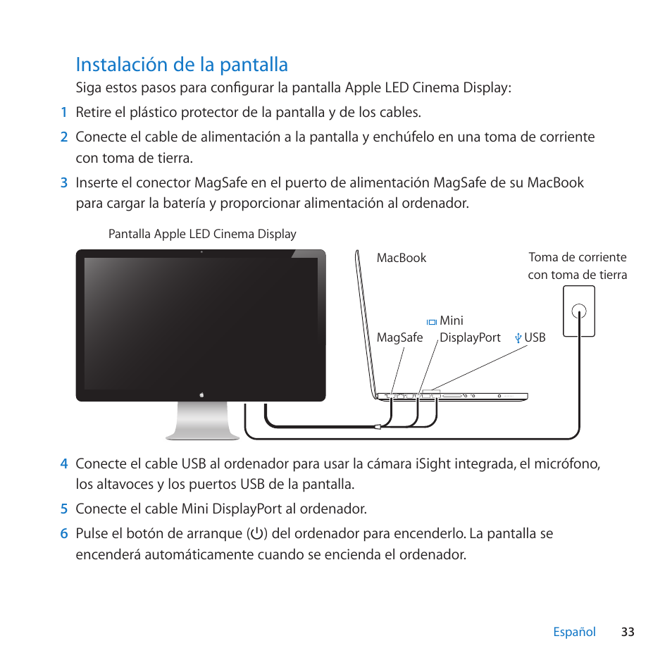 Instalación de la pantalla, 33 instalación de la pantalla, Instalación﻿de﻿la﻿pantalla | Apple LED Cinema Display (27-inch) User Manual | Page 33 / 64