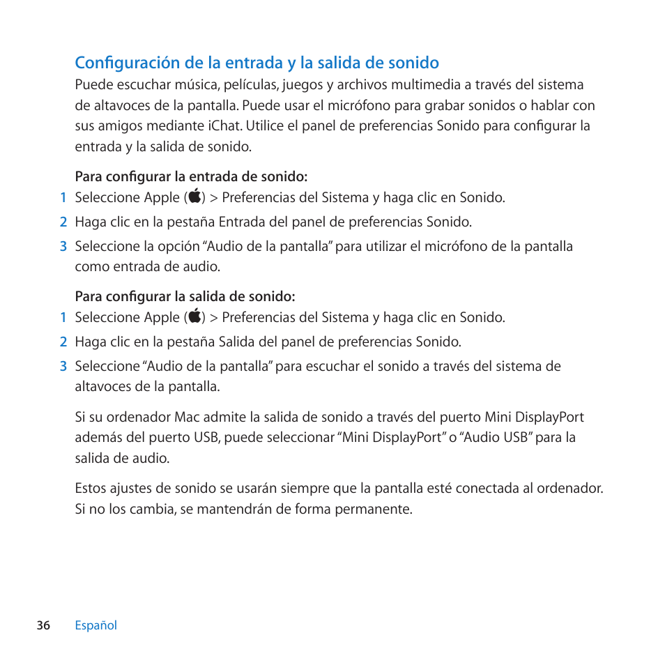Configuración de la entrada y la salida de sonido | Apple LED Cinema Display (27-inch) User Manual | Page 36 / 64