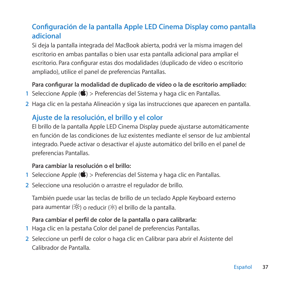 Ajuste de la resolución, el brillo y el color | Apple LED Cinema Display (27-inch) User Manual | Page 37 / 64