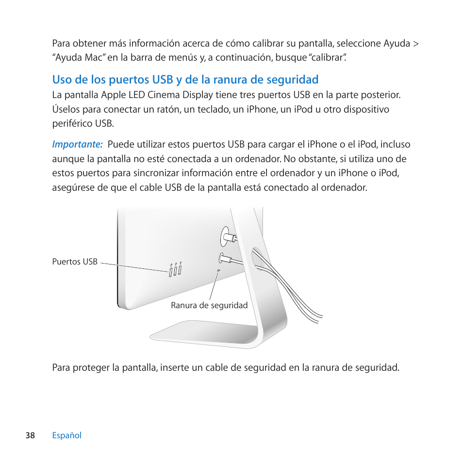 Uso de los puertos usb y de la ranura de seguridad | Apple LED Cinema Display (27-inch) User Manual | Page 38 / 64