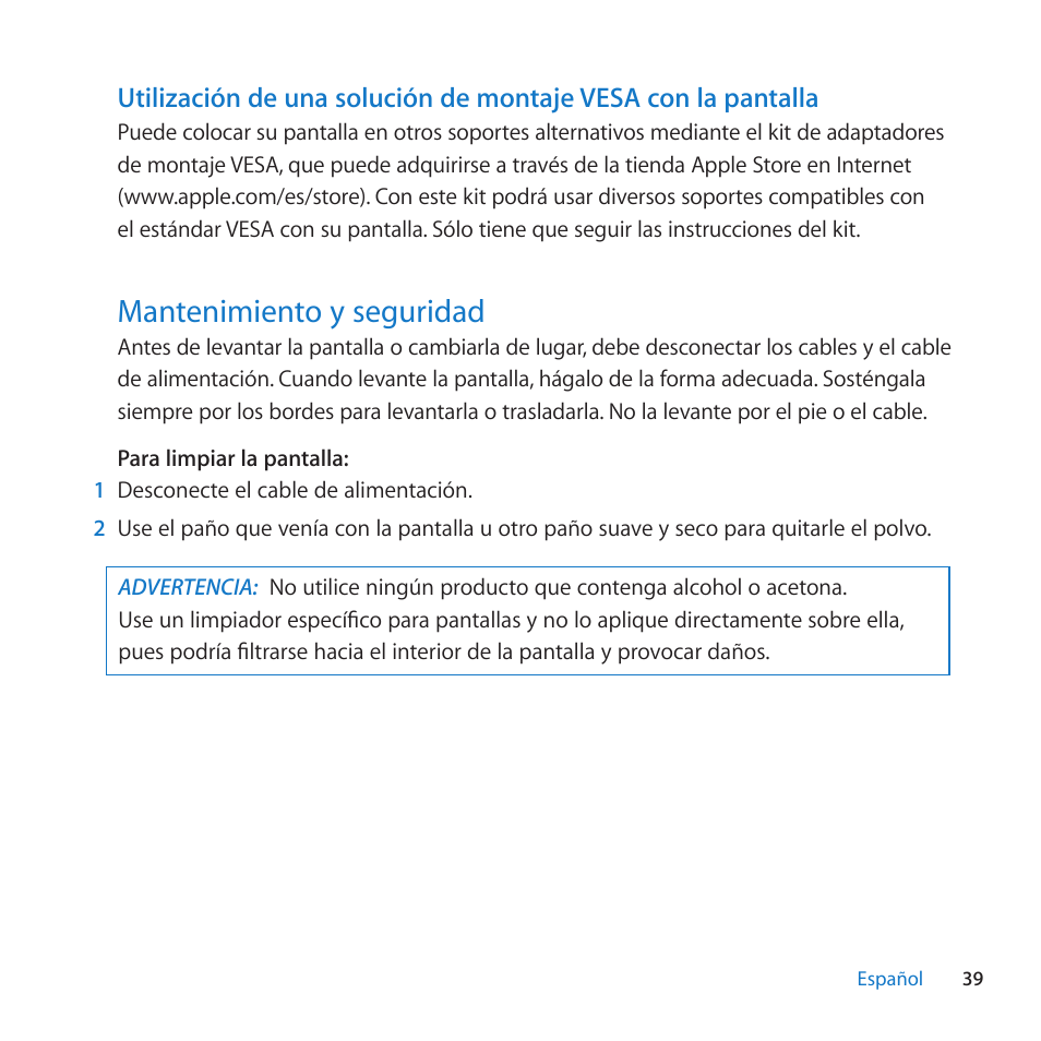 Mantenimiento y seguridad, 39 mantenimiento y seguridad, Mantenimiento﻿y﻿seguridad | Apple LED Cinema Display (27-inch) User Manual | Page 39 / 64