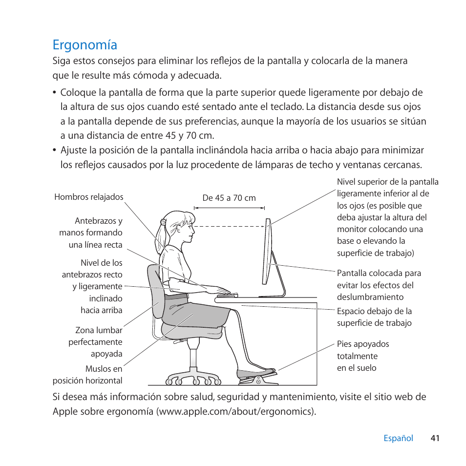 Ergonomía, 41 ergonomía | Apple LED Cinema Display (27-inch) User Manual | Page 41 / 64