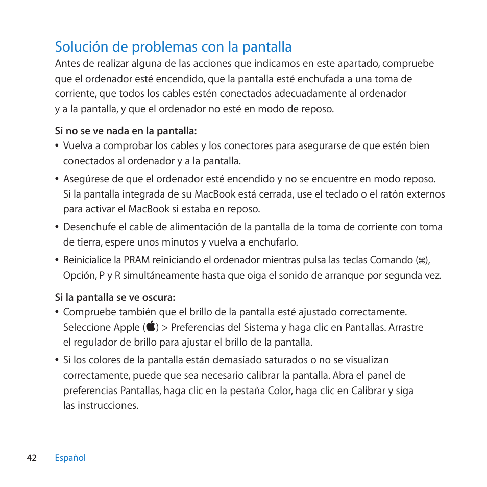 Solución de problemas con la pantalla, 42 solución de problemas con la pantalla, Solución﻿de﻿problemas﻿con﻿la﻿pantalla | Apple LED Cinema Display (27-inch) User Manual | Page 42 / 64