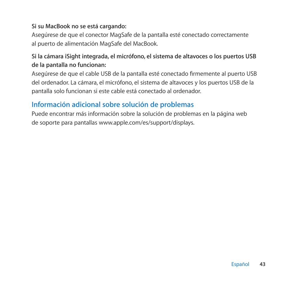 Información adicional sobre solución de problemas | Apple LED Cinema Display (27-inch) User Manual | Page 43 / 64