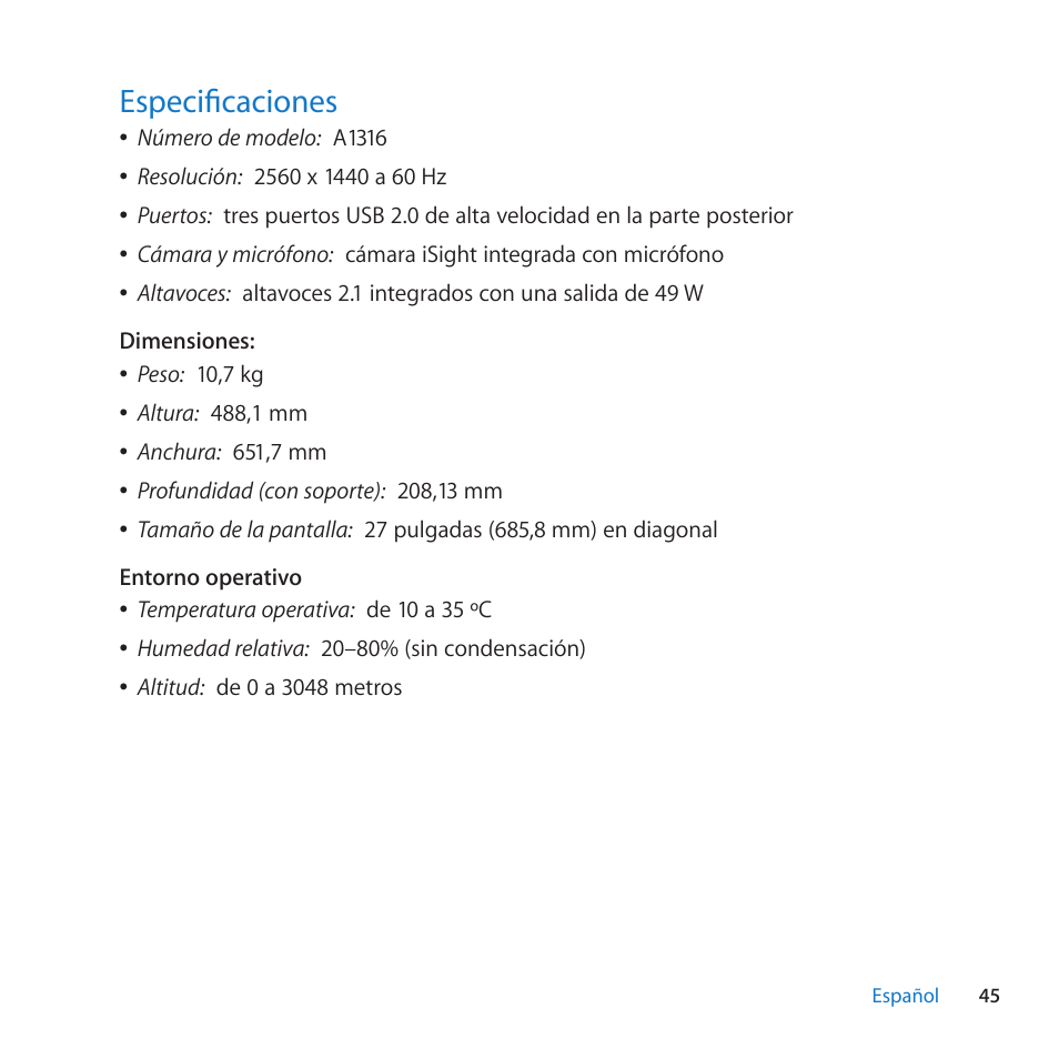 Especificaciones, 45 especificaciones | Apple LED Cinema Display (27-inch) User Manual | Page 45 / 64
