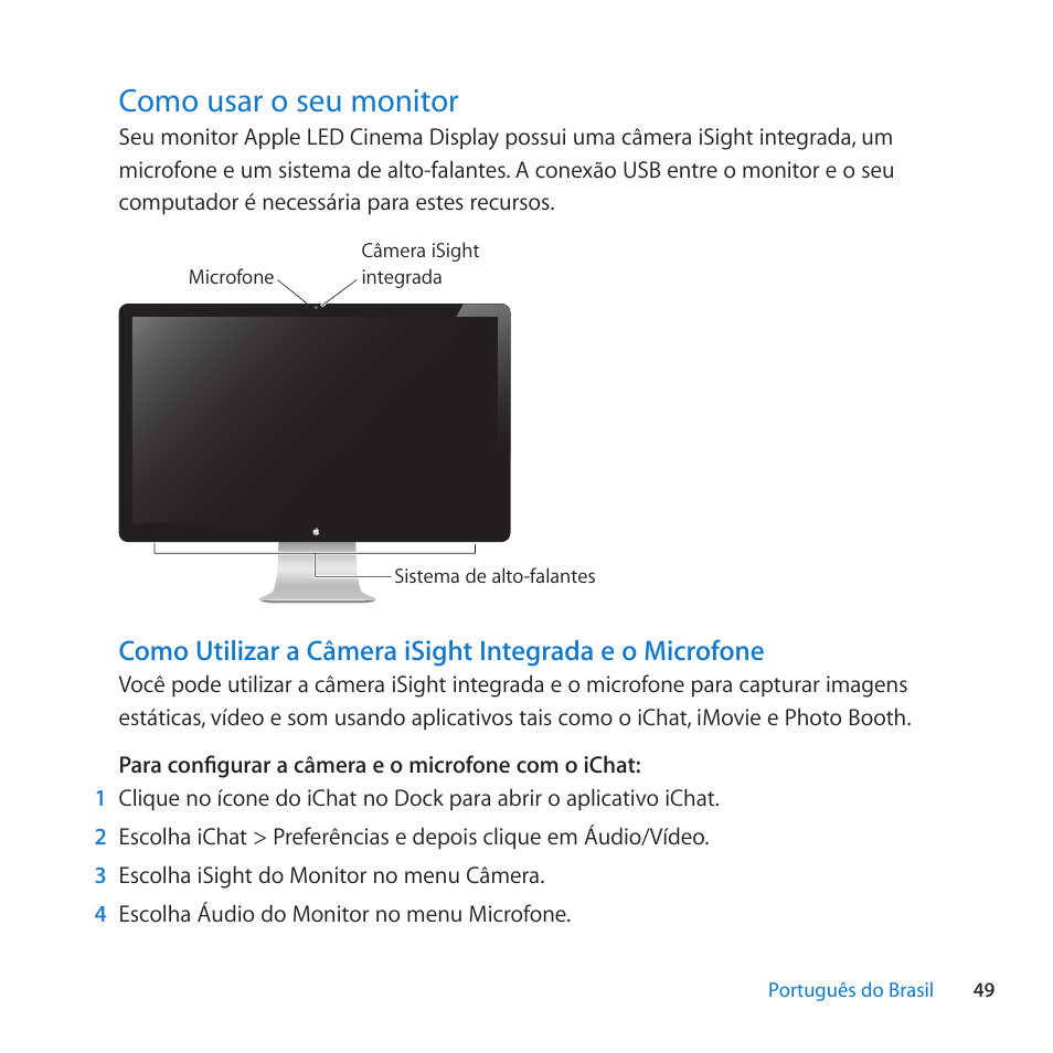 Como usar o seu monitor, 49 como usar o seu monitor, Como﻿usar﻿o﻿seu﻿monitor | Apple LED Cinema Display (27-inch) User Manual | Page 49 / 64