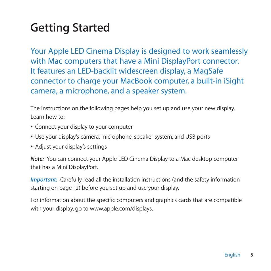 Getting started | Apple LED Cinema Display (27-inch) User Manual | Page 5 / 64