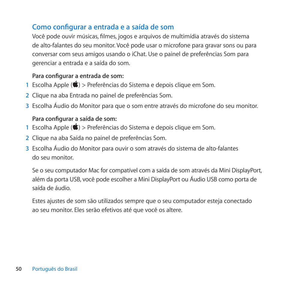 Como configurar a entrada e a saída de som | Apple LED Cinema Display (27-inch) User Manual | Page 50 / 64