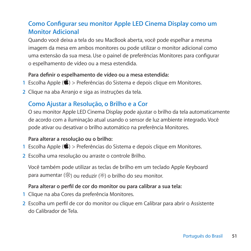 Como ajustar a resolução, o brilho e a cor | Apple LED Cinema Display (27-inch) User Manual | Page 51 / 64