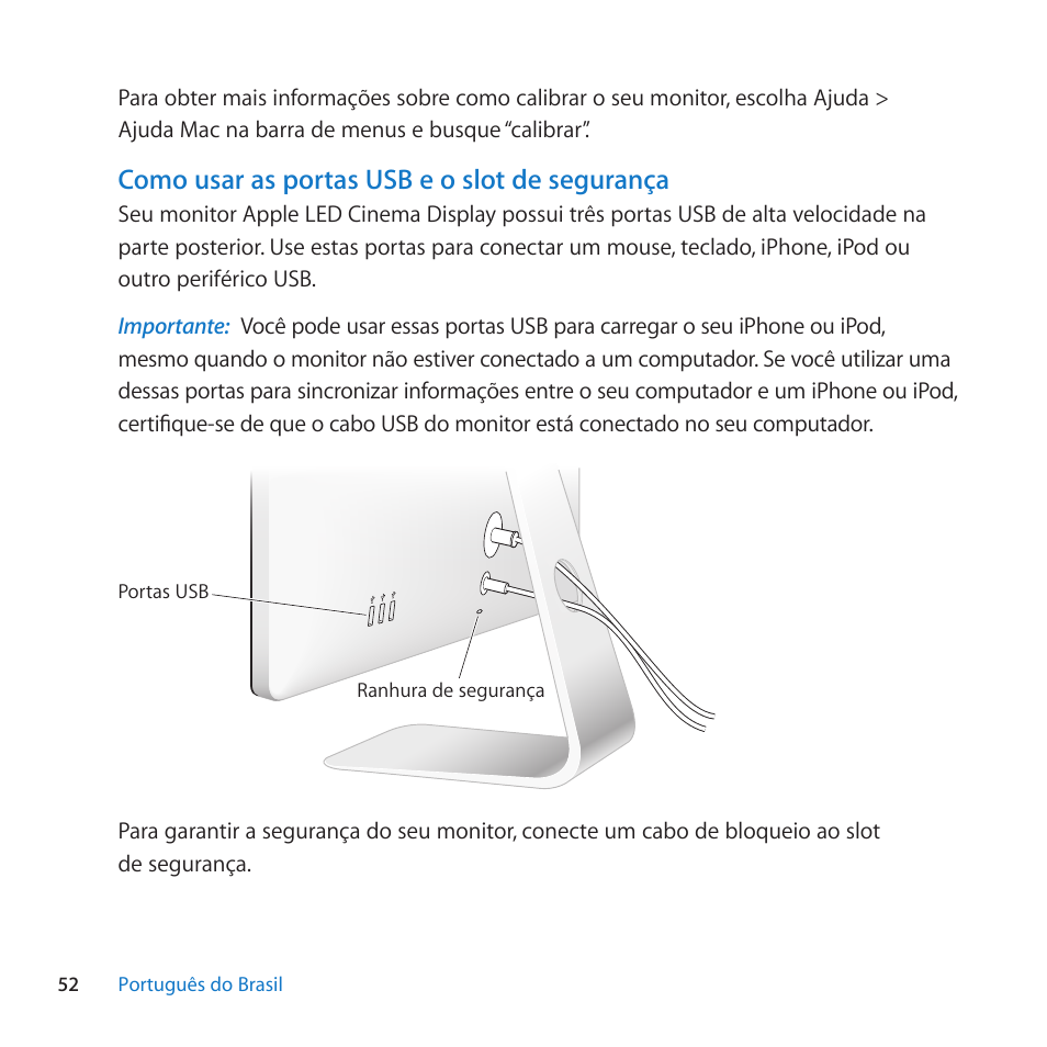 Como usar as portas usb e o slot de segurança | Apple LED Cinema Display (27-inch) User Manual | Page 52 / 64