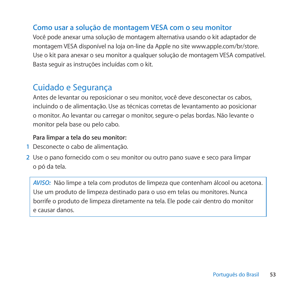 Cuidado e segurança, 53 cuidado e segurança, Cuidado﻿e﻿segurança | Apple LED Cinema Display (27-inch) User Manual | Page 53 / 64