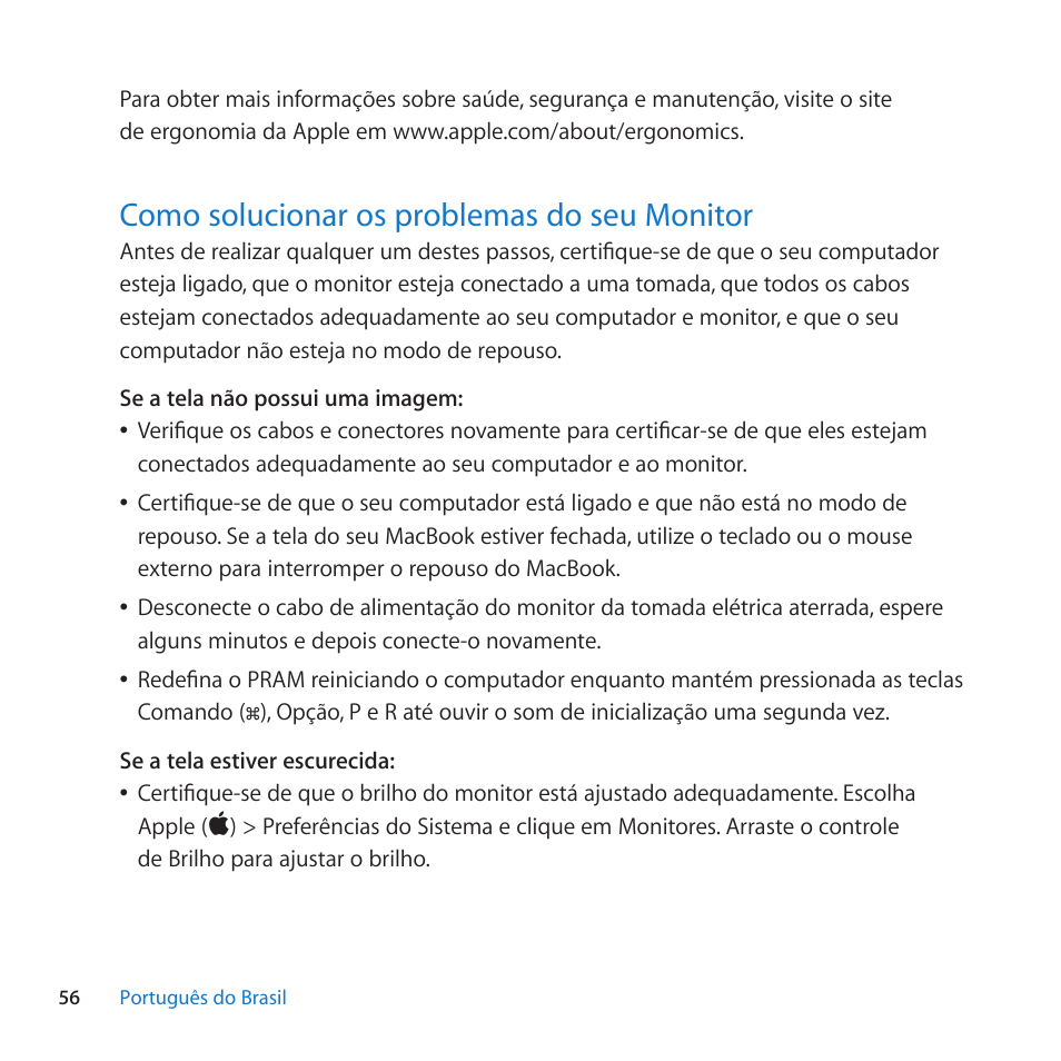 Como solucionar os problemas do seu monitor, 56 como solucionar os problemas do seu monitor, Como﻿solucionar﻿os﻿problemas﻿do﻿seu﻿monitor | Apple LED Cinema Display (27-inch) User Manual | Page 56 / 64