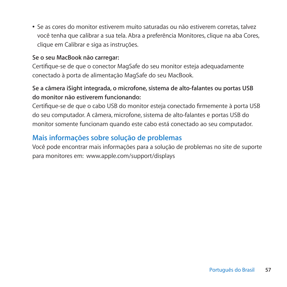 Mais informações sobre solução de problemas | Apple LED Cinema Display (27-inch) User Manual | Page 57 / 64