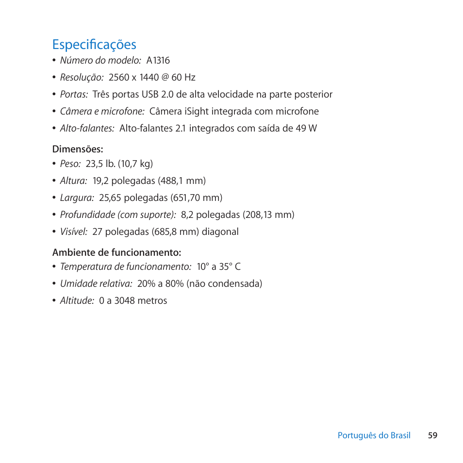 Especificações, 59 especificações | Apple LED Cinema Display (27-inch) User Manual | Page 59 / 64
