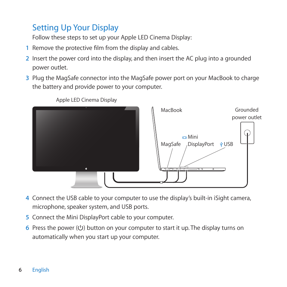 Setting up your display, 6 setting up your display, Setting﻿up﻿your﻿display | Apple LED Cinema Display (27-inch) User Manual | Page 6 / 64