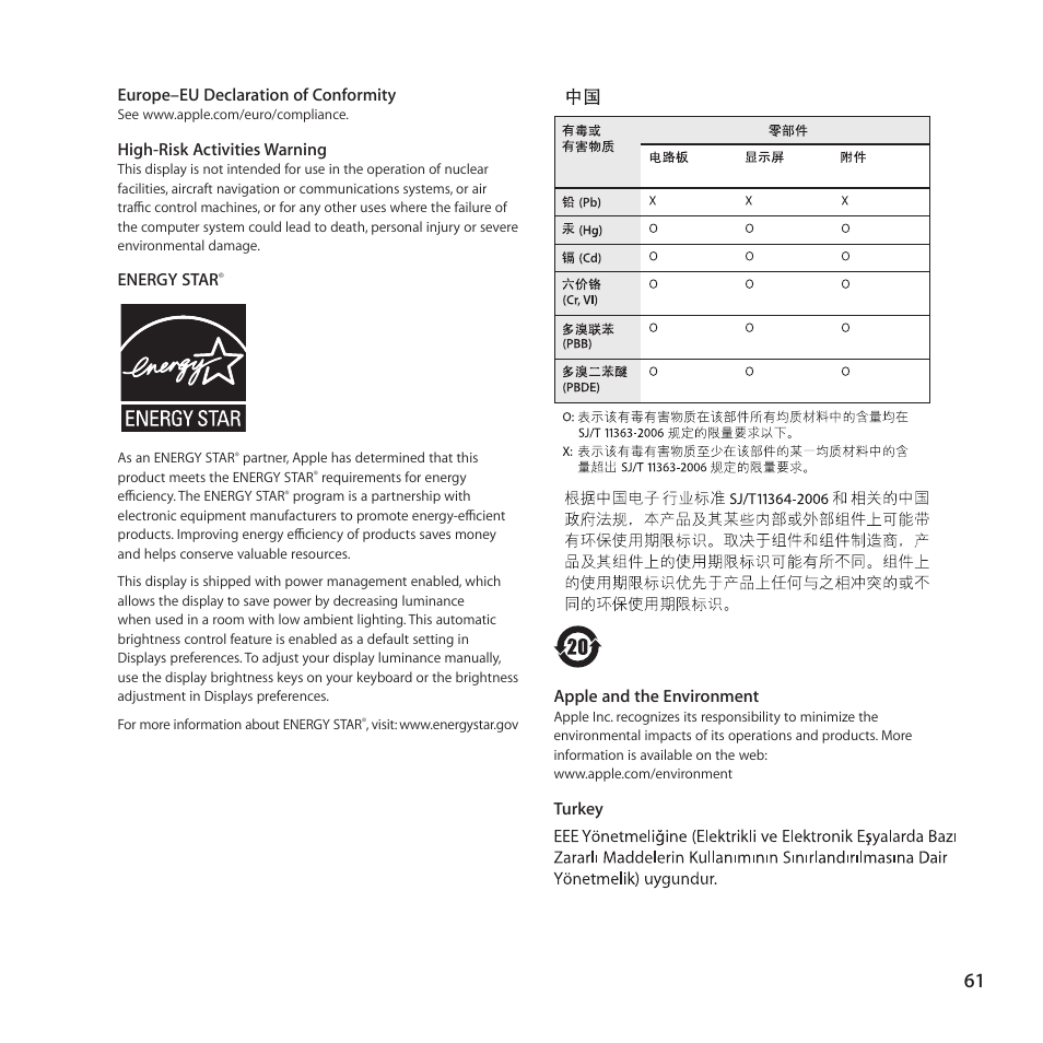 Apple and the environment, 61 apple and the environment | Apple LED Cinema Display (27-inch) User Manual | Page 61 / 64