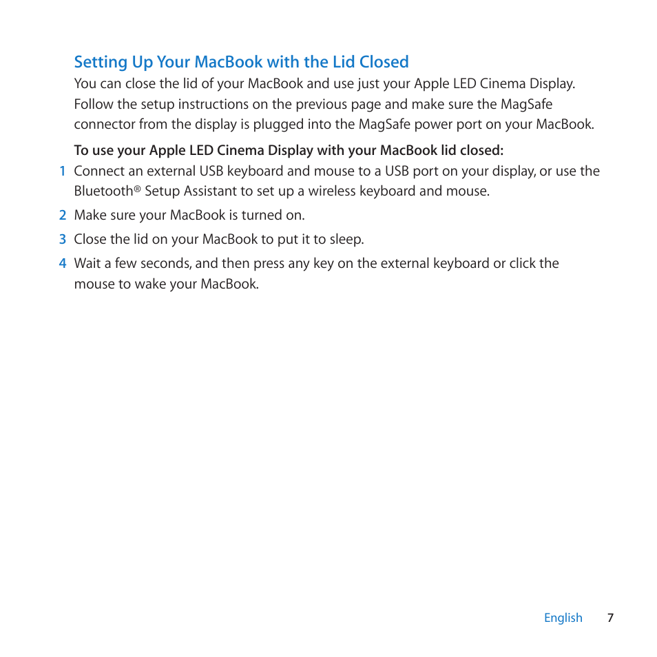 Setting up your macbook with the lid closed | Apple LED Cinema Display (27-inch) User Manual | Page 7 / 64