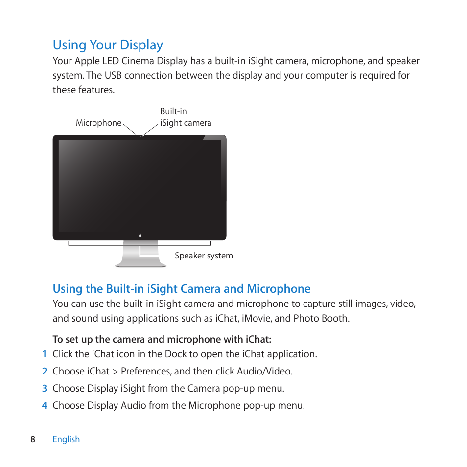 Using your display, 8 using your display, Using﻿your﻿display | Using the built-in isight camera and microphone | Apple LED Cinema Display (27-inch) User Manual | Page 8 / 64